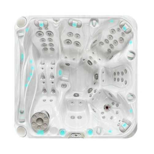 White square hot tub with multiple seats, jets, and glowing blue lights