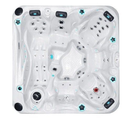 White square hot tub with multiple jets, black control panels, and blue cup holders.
