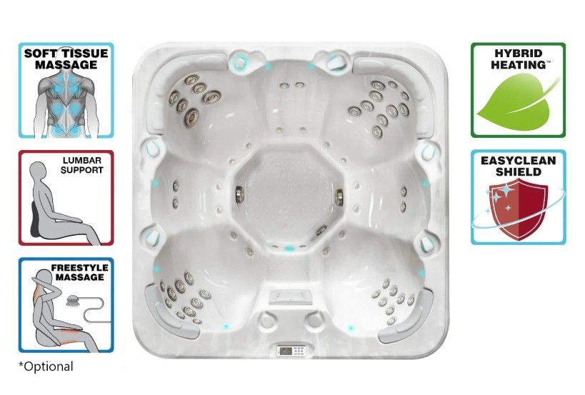 White translucent heating pad with labeled features and icons on both sides, shown on a plain background