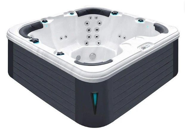 Square white and gray outdoor hot tub with built-in seats and jets