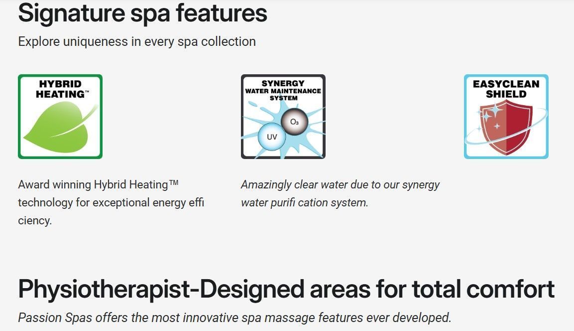 Spa feature icons: hybrid pool, steam shower, and easi-stool for total comfort.