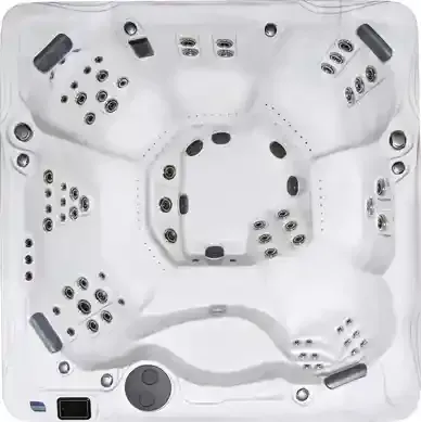 Top-down view of a white hot tub with multiple black jet nozzles and control panel