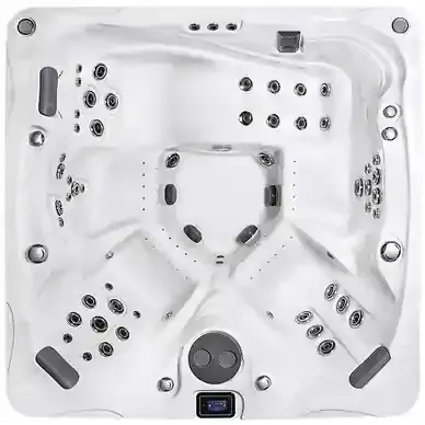 White rectangular hot tub interior with multiple jets, two gray headrests, and control panel at the bottom.
