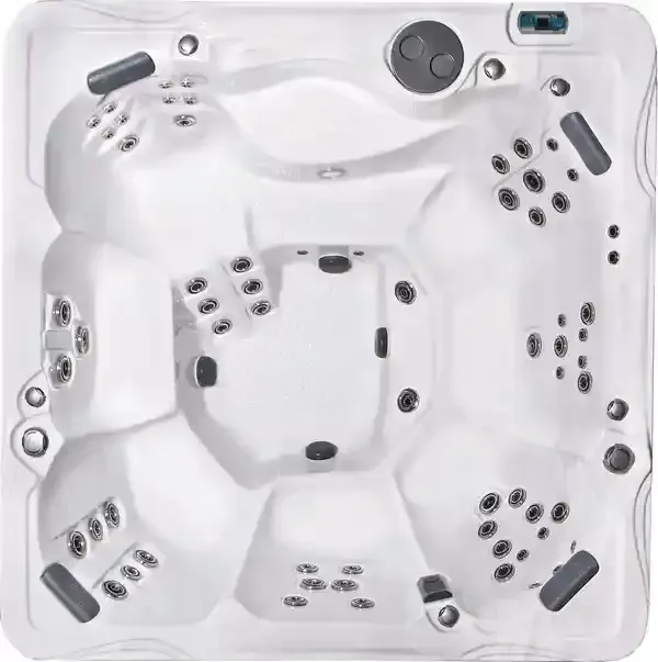 Top-down view of a white square hot tub with multiple black jets and gray headrests