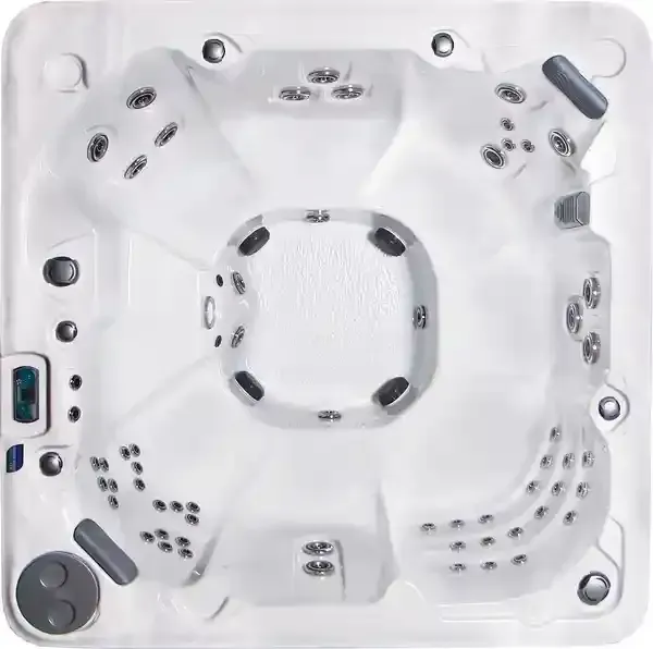 White square hot tub with multiple jets and black headrests, viewed from above