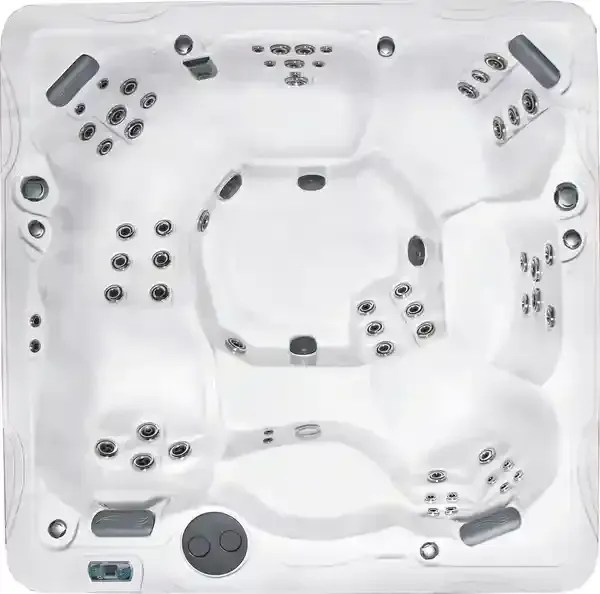 White hot tub with built-in seats and multiple jet nozzles, viewed from above