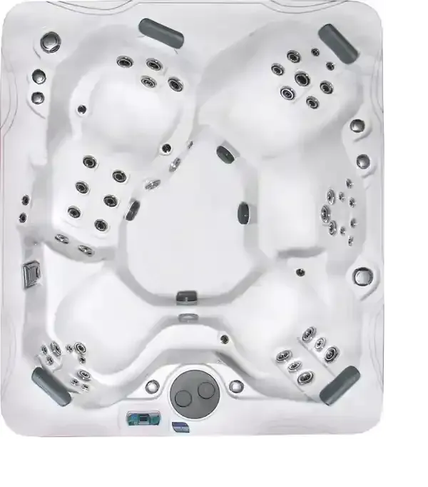 White square hot tub with multiple jets and built-in seats, viewed from above