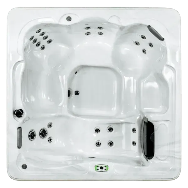 Top-down view of a white square hot tub with multiple jets and black headrests