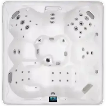 Top-down view of a white square hot tub with multiple jets and seats