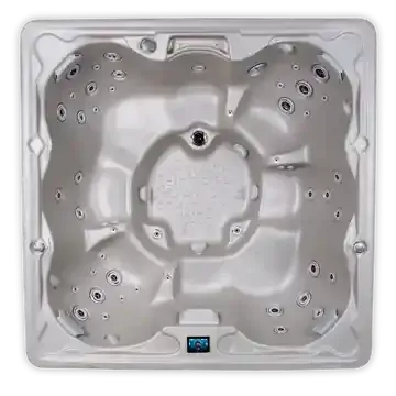 Top-down view of a white square hot tub with built-in jets and a central circular seat.
