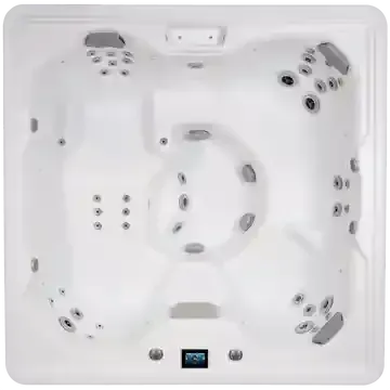 Top-down view of a white square hot tub with multiple jets and a digital control panel.