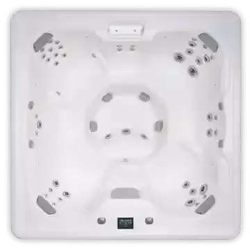White square hot tub with multiple massage jets and a small digital control panel