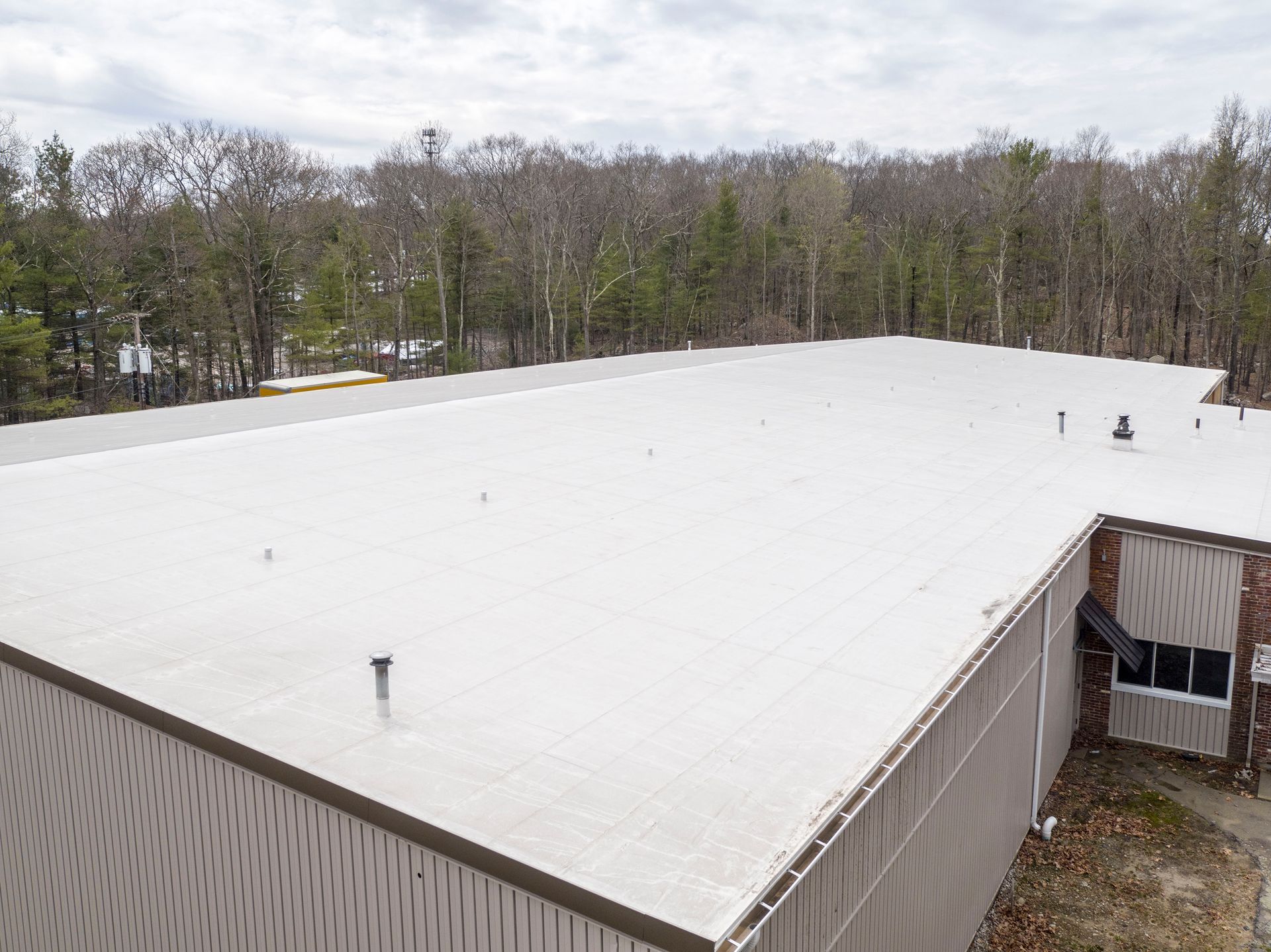 Overhead view of a white flat commercial roof with a forest backdrop.