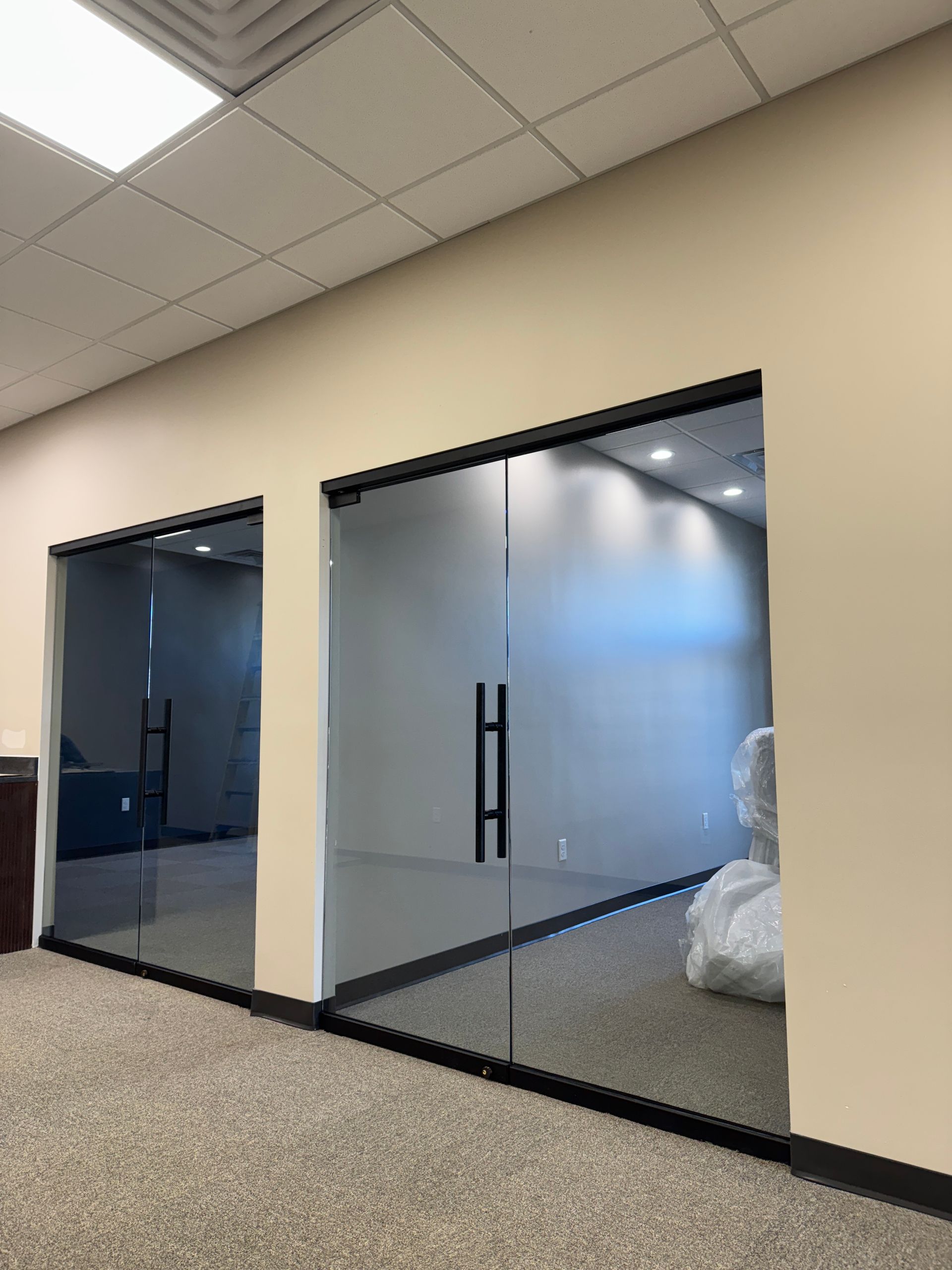 Office hallway with two frosted glass doors and beige walls under fluorescent ceiling lights