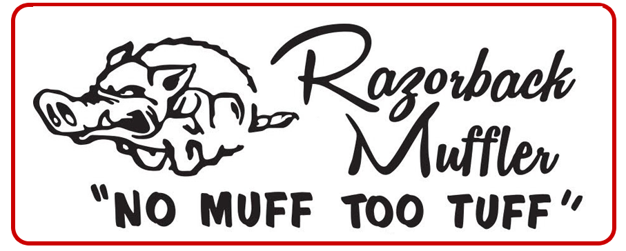 Razorback Muffler logo with hog graphic and slogan &ldquo;No Muff Too Tuff&rdquo; inside a red border