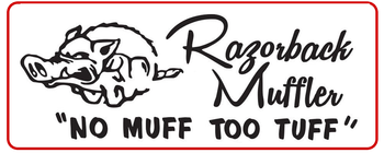 Razorback Muffler logo with hog graphic and slogan &ldquo;No Muff Too Tuff&rdquo; inside a red border