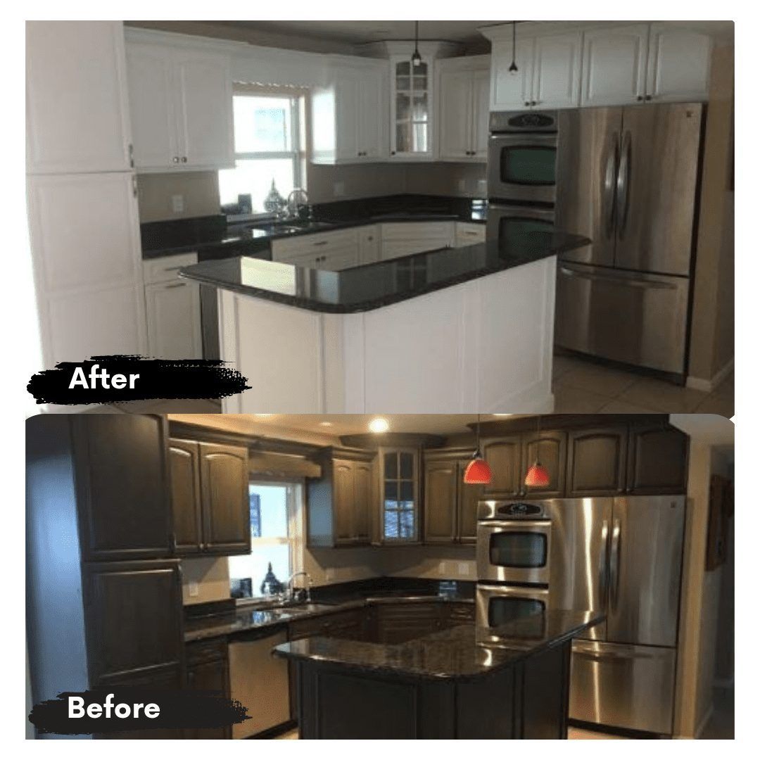 A before and after photo of a kitchen with stainless steel appliances