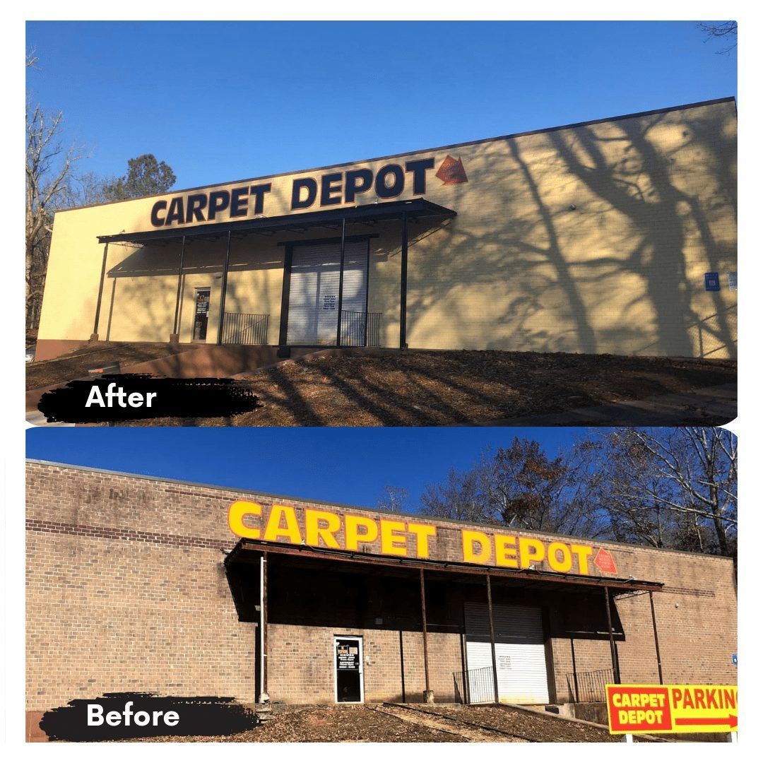 A before and after picture of a carpet depot store