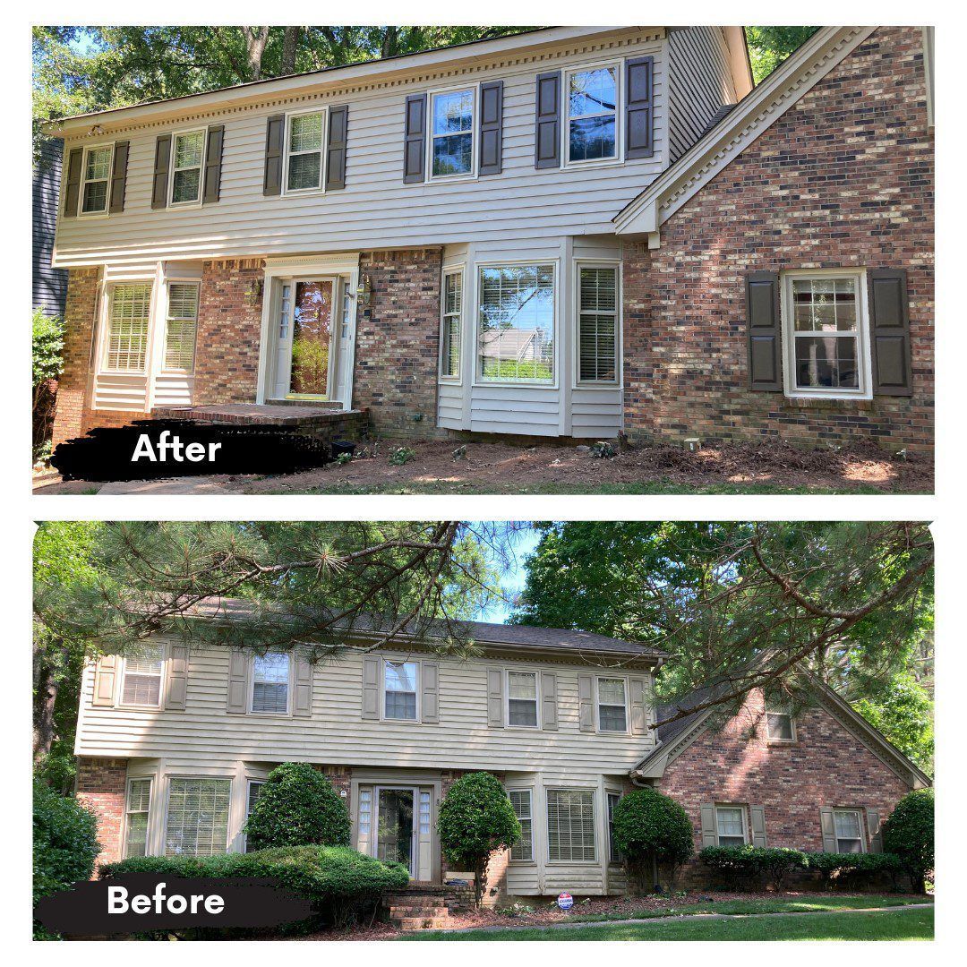 A before and after picture of a brick house with white siding and shutters.