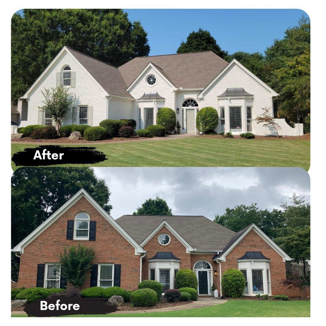 A before and after picture of a brick house