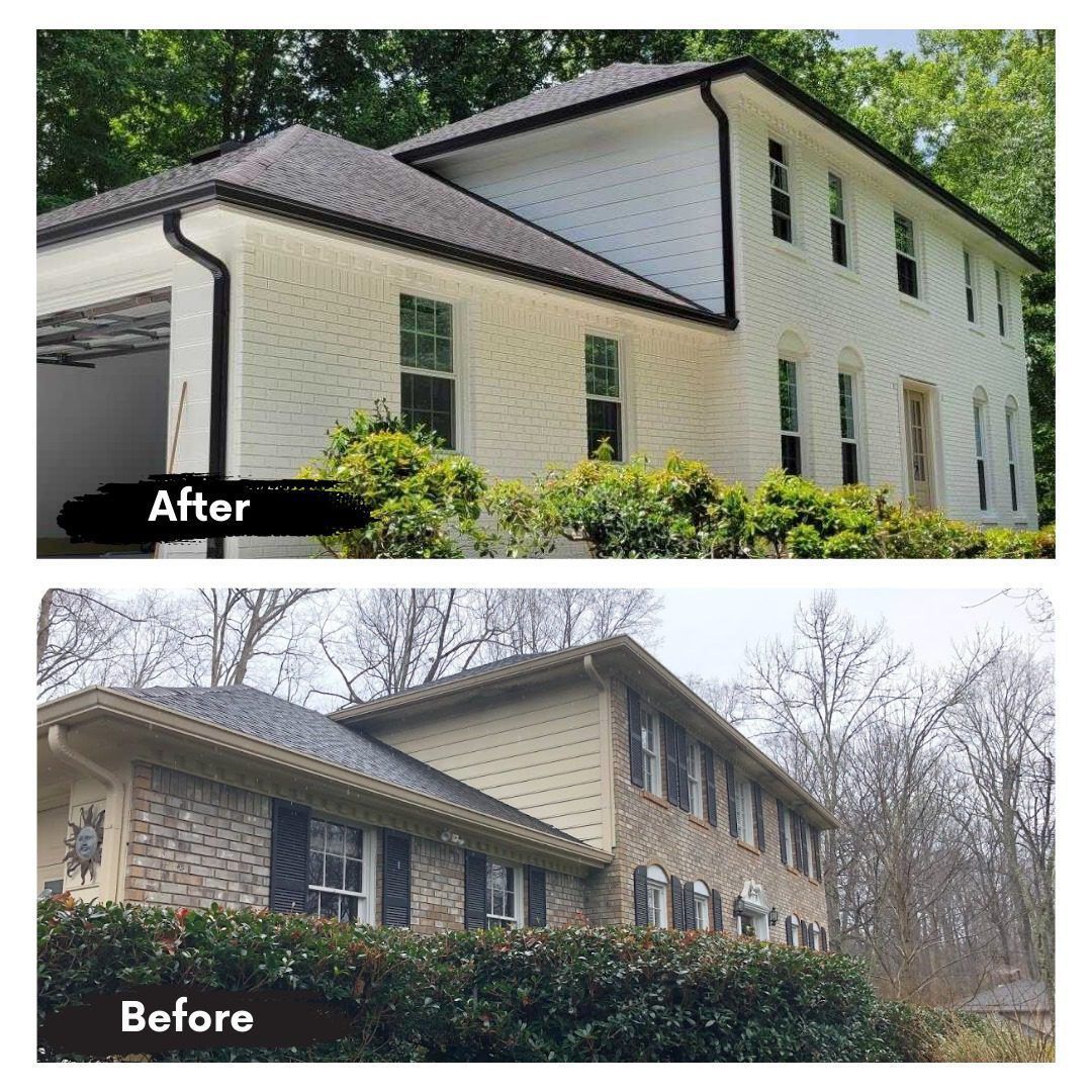 A before and after picture of a house with a garage.