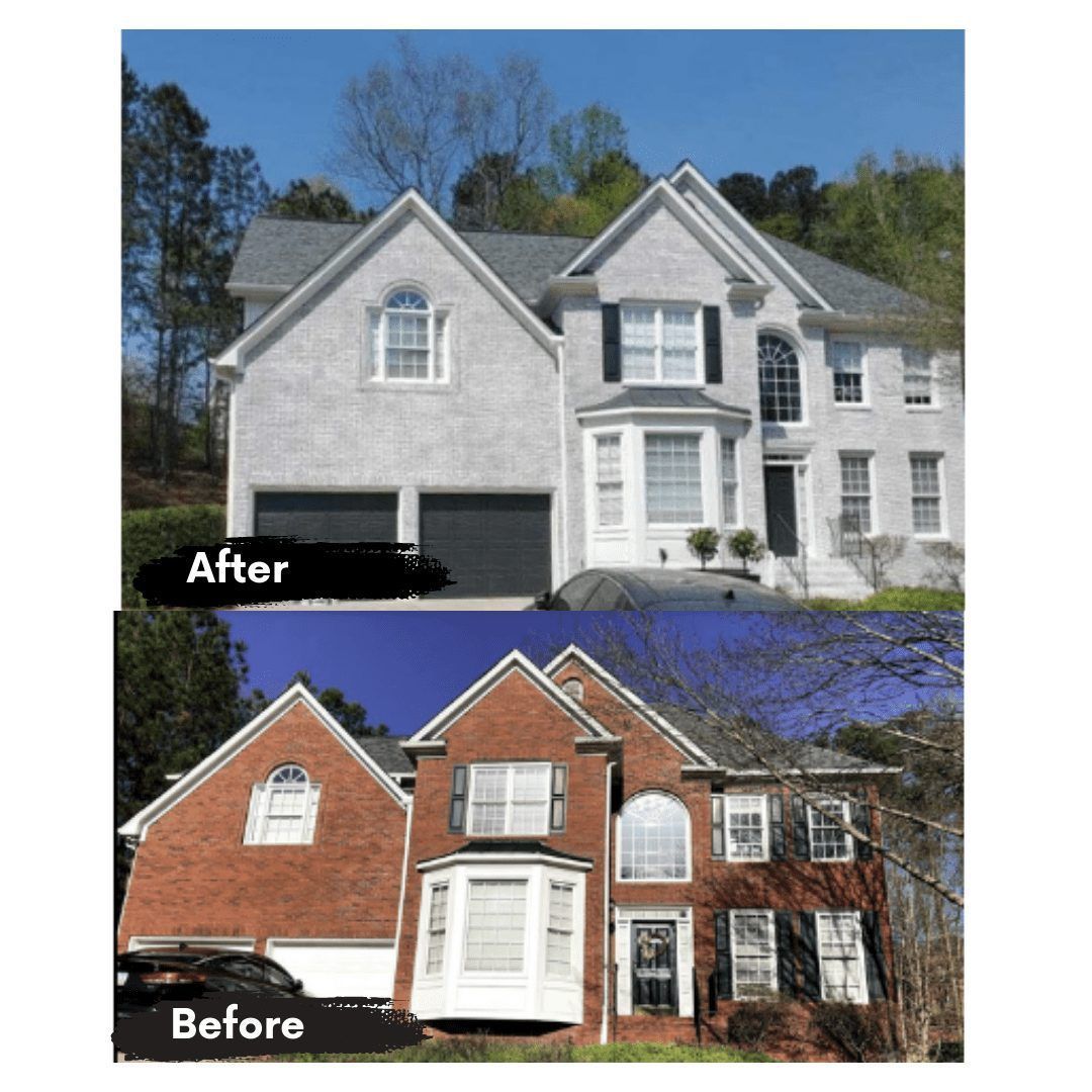 A before and after picture of a brick house