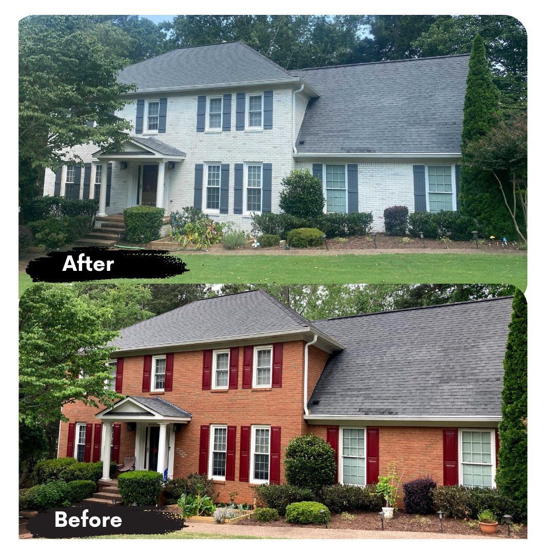 A before and after picture of a house with a new roof