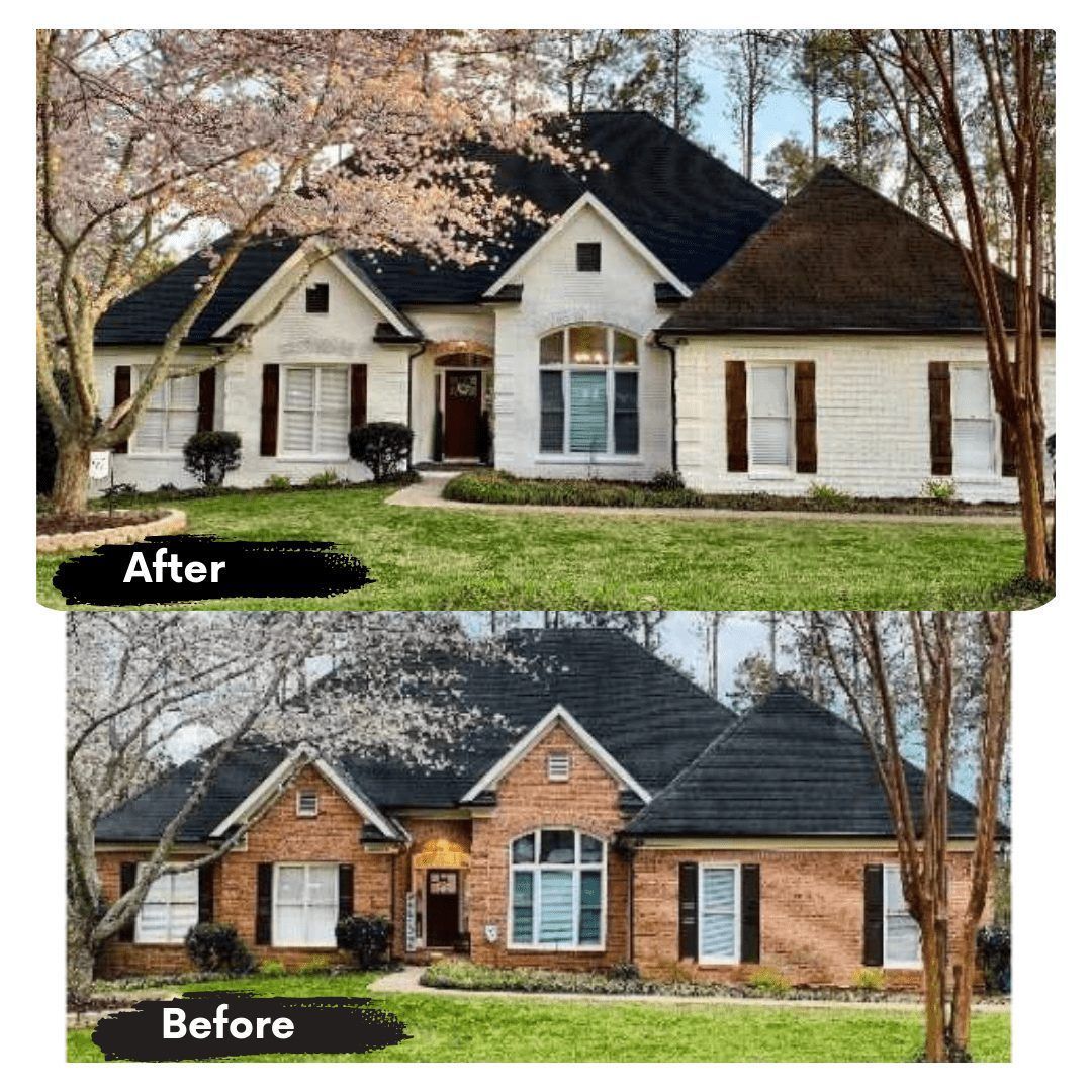 A before and after picture of a house with a black roof