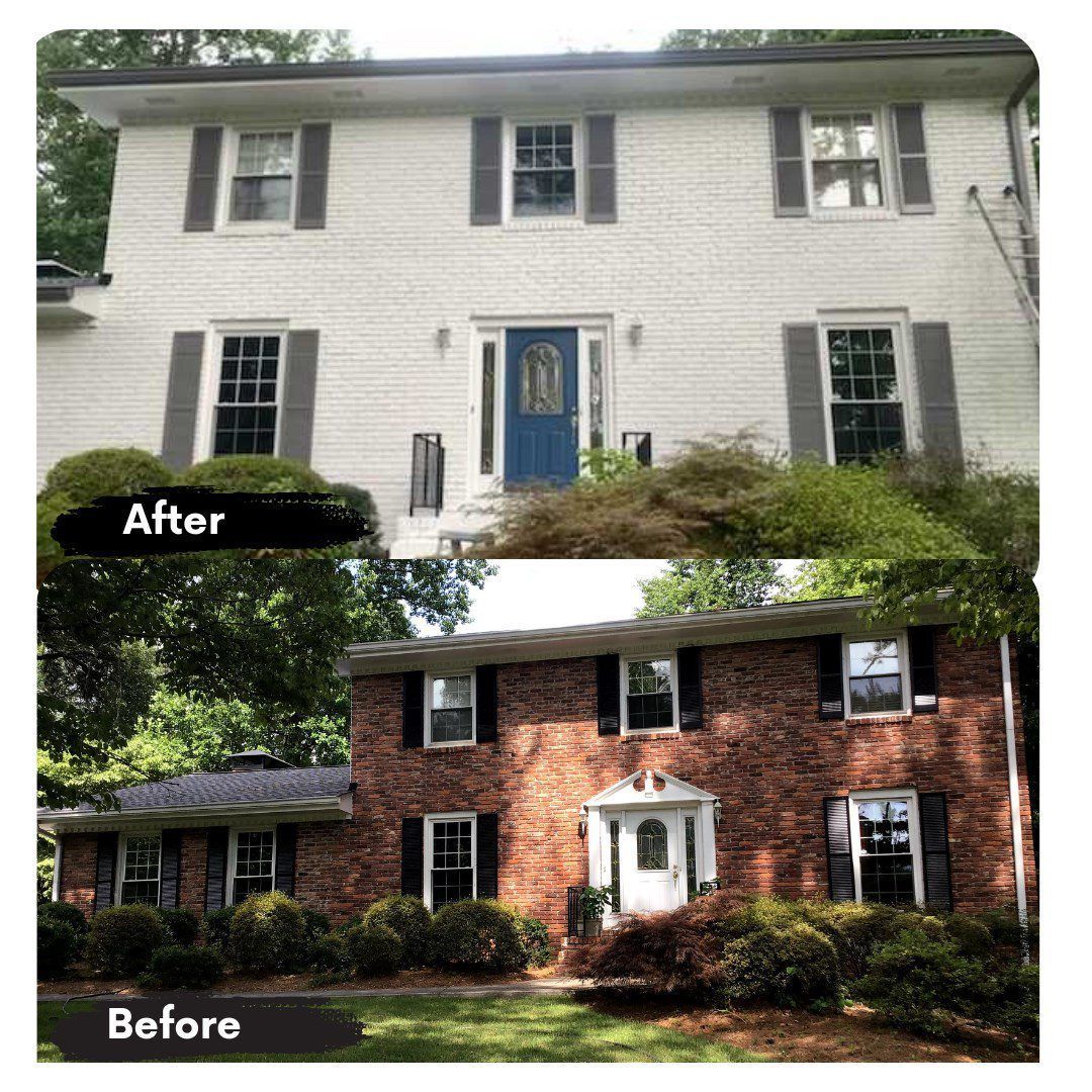 A before and after photo of a brick house with white siding and black shutters.
