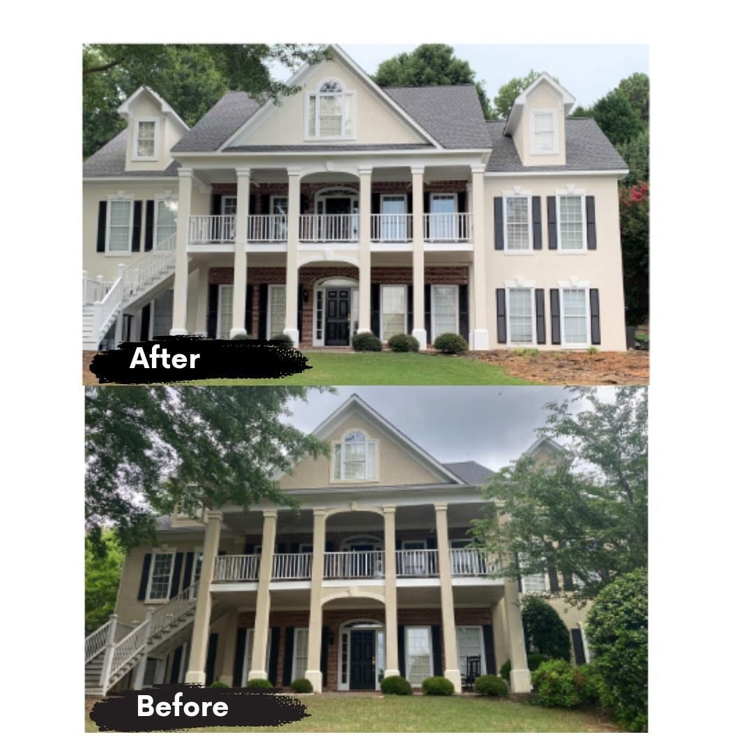 A before and after picture of a large house.