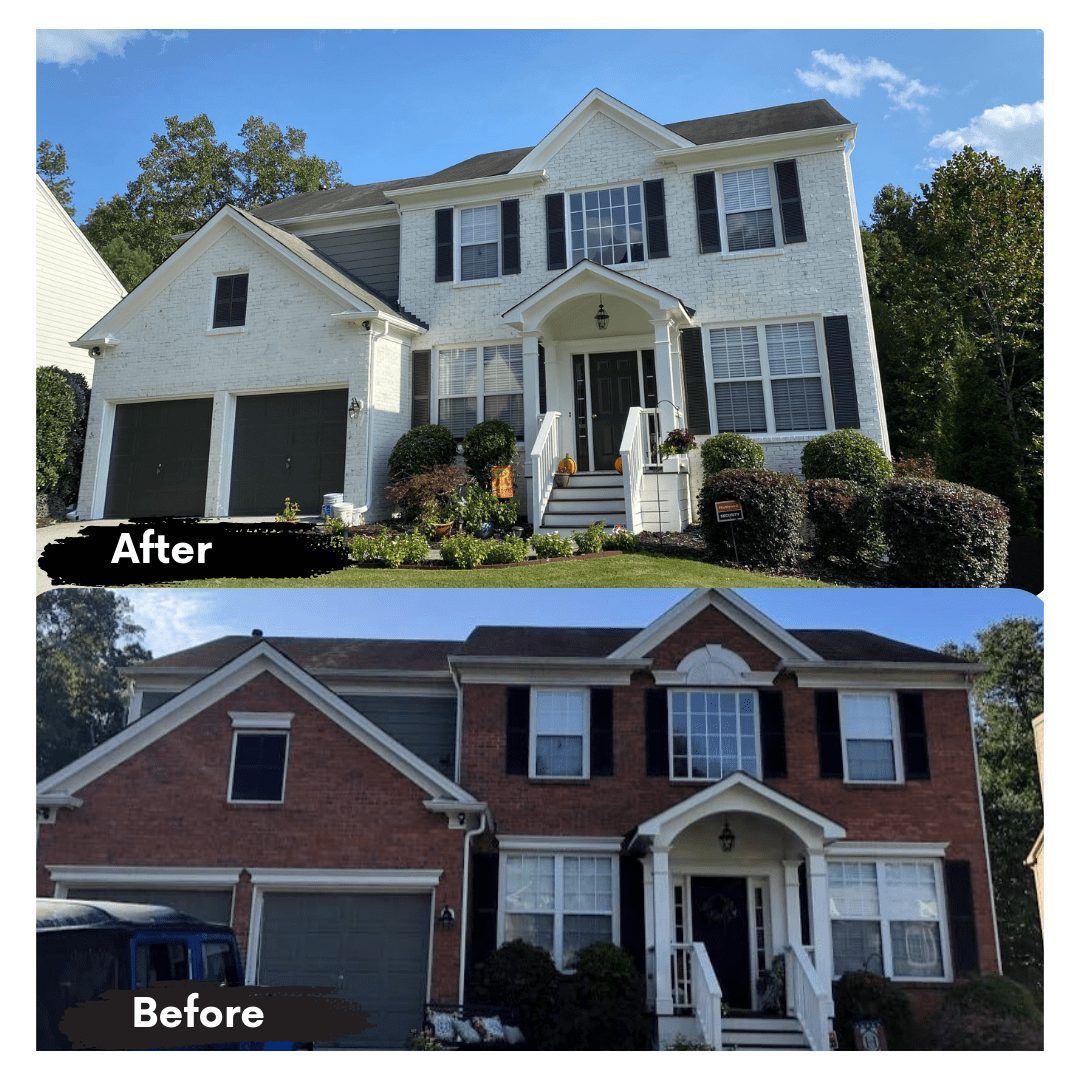 A before and after picture of a brick house with black shutters.