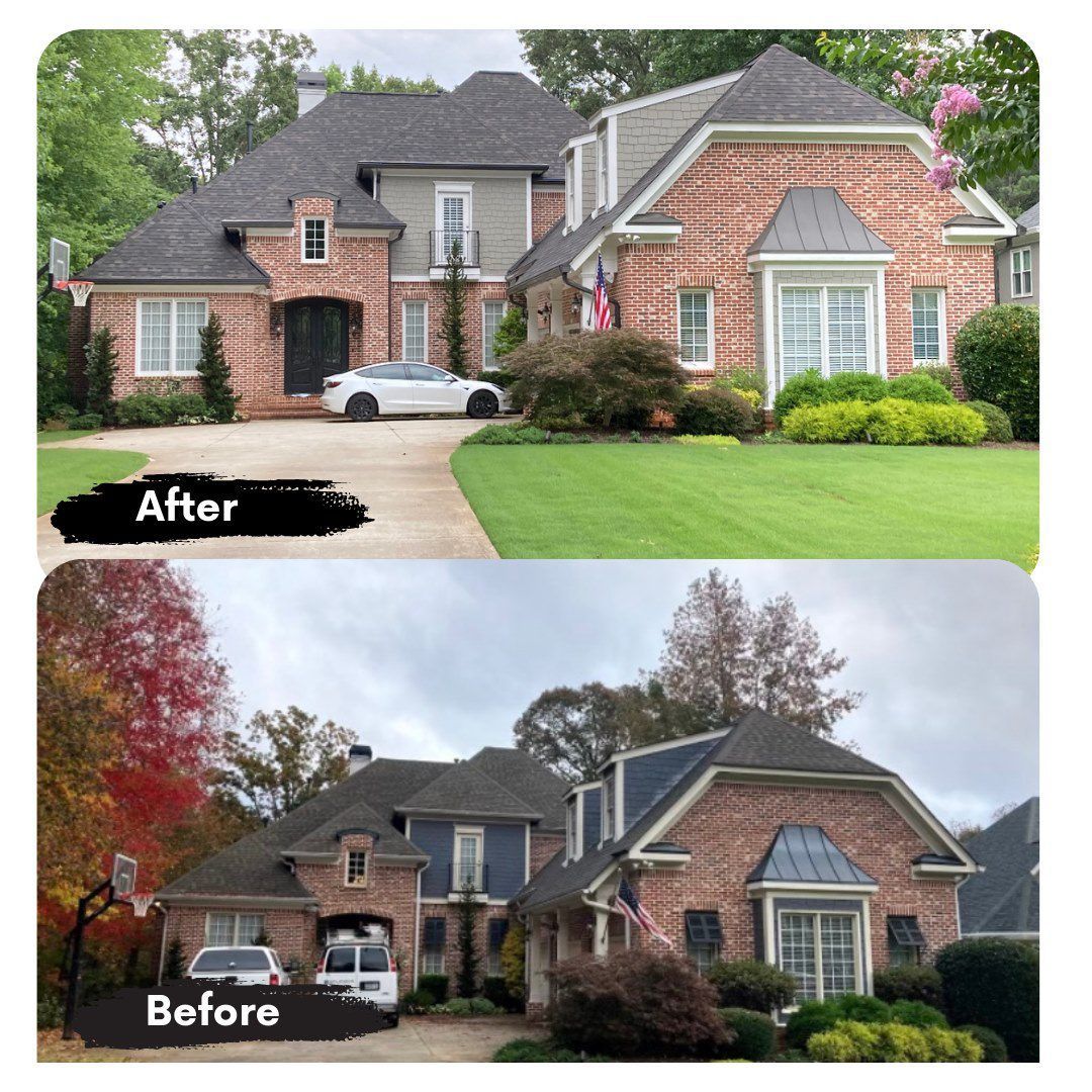 A before and after picture of a brick house with a gray roof.