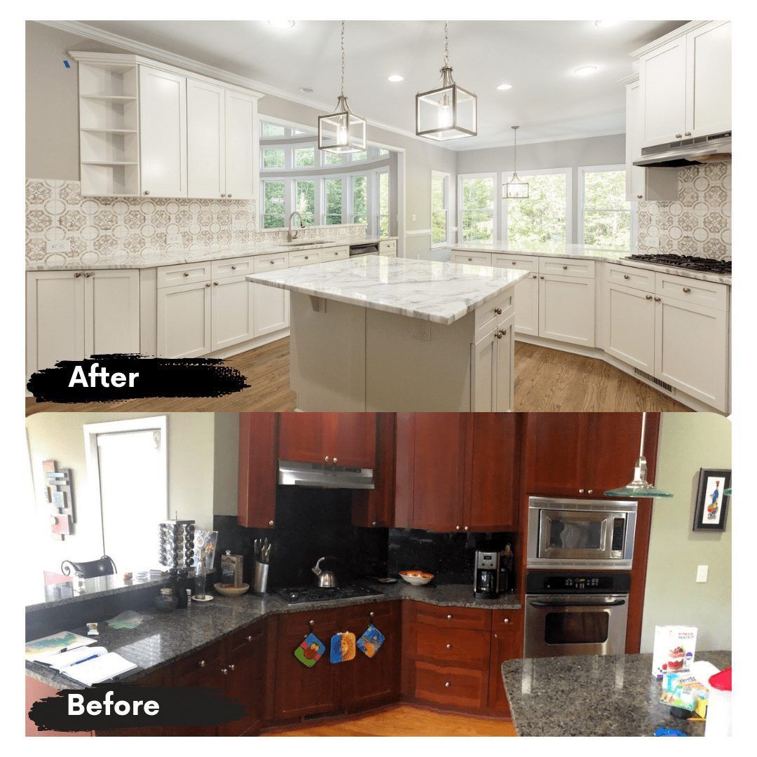 A before and after photo of a kitchen with white cabinets and wooden cabinets.