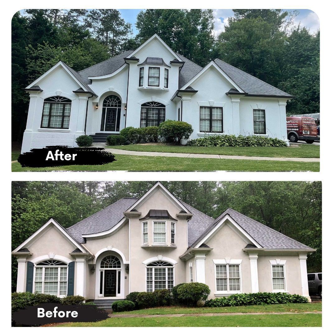A before and after picture of a house with a gray roof.