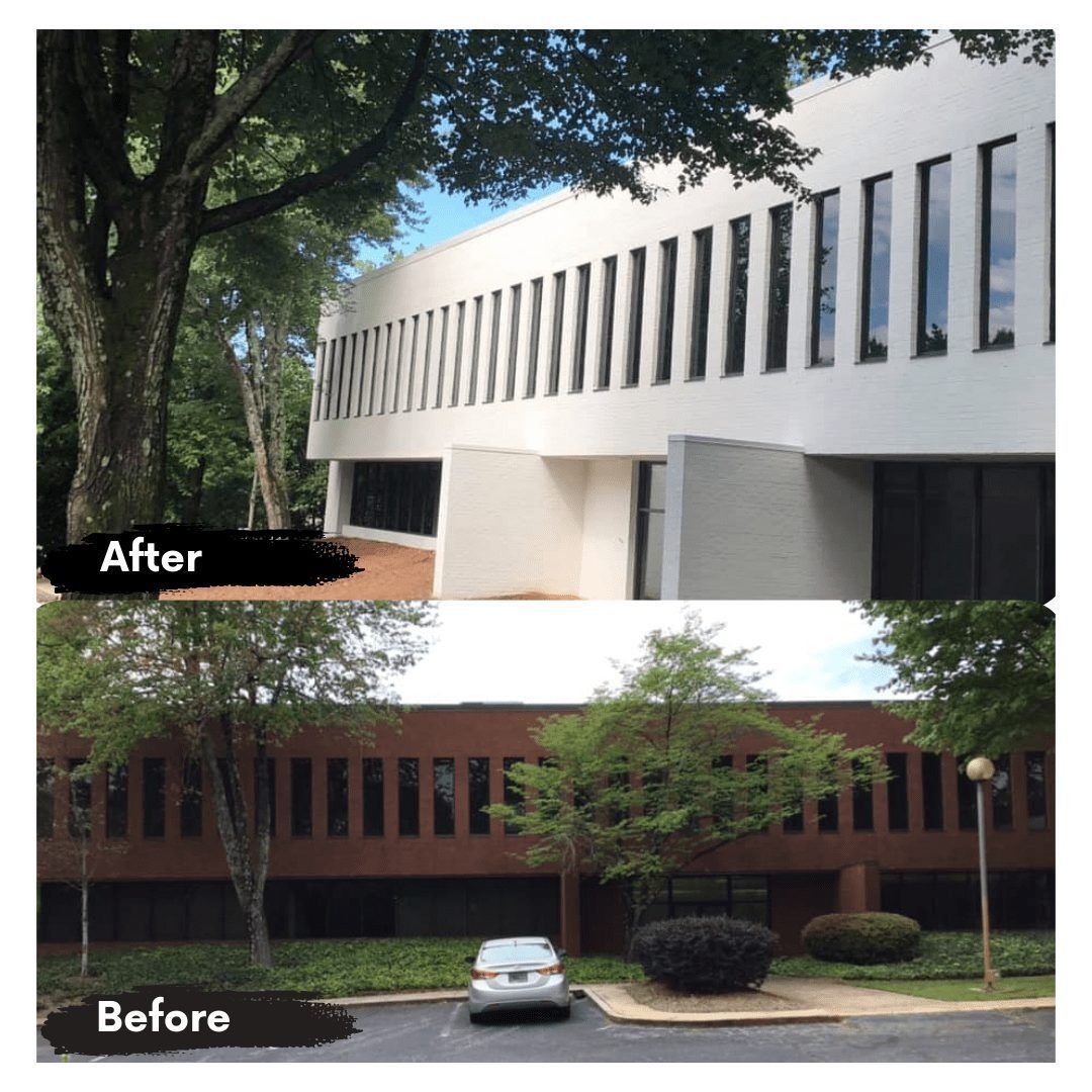 A before and after picture of a building with a car parked in front of it.