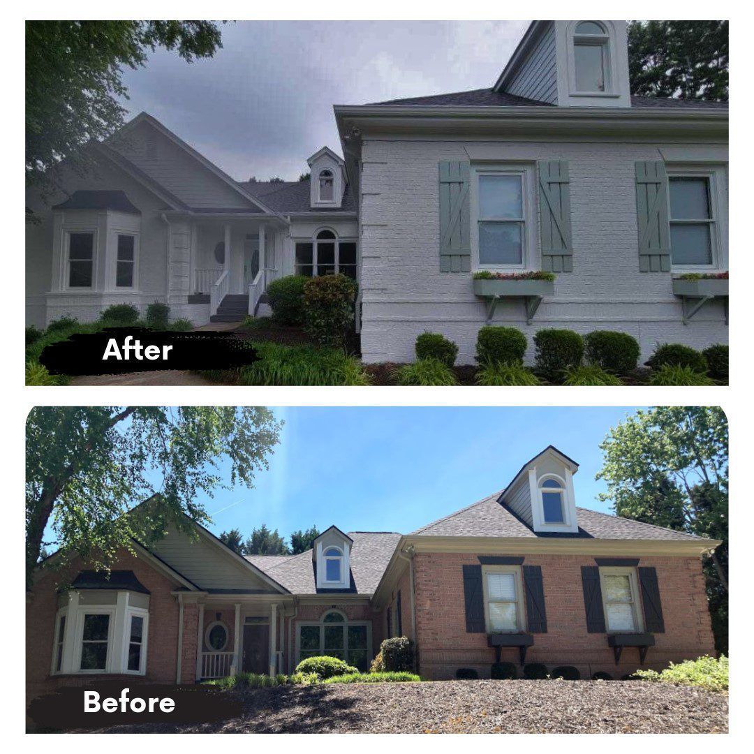 A before and after picture of a house with shutters