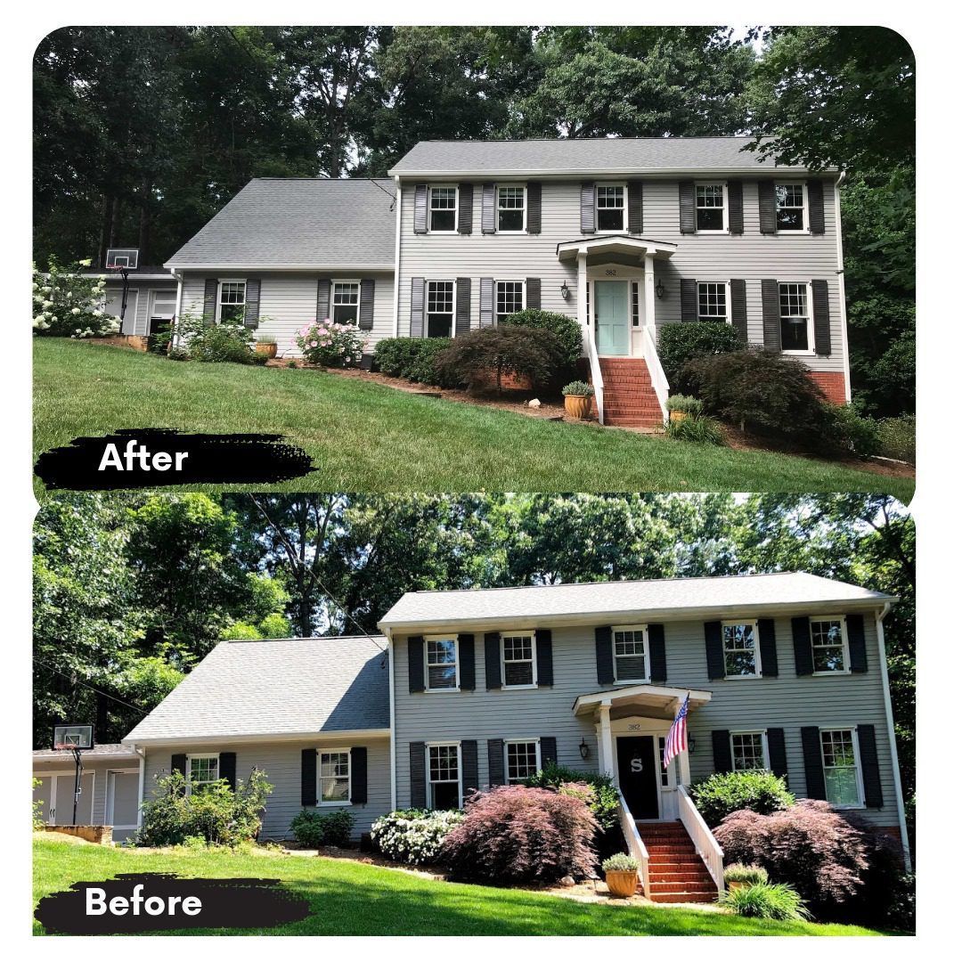 A before and after picture of a house with shutters