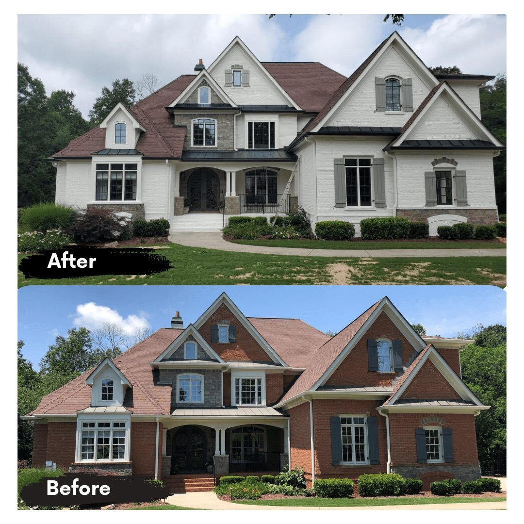 A before and after picture of a house with a red roof.