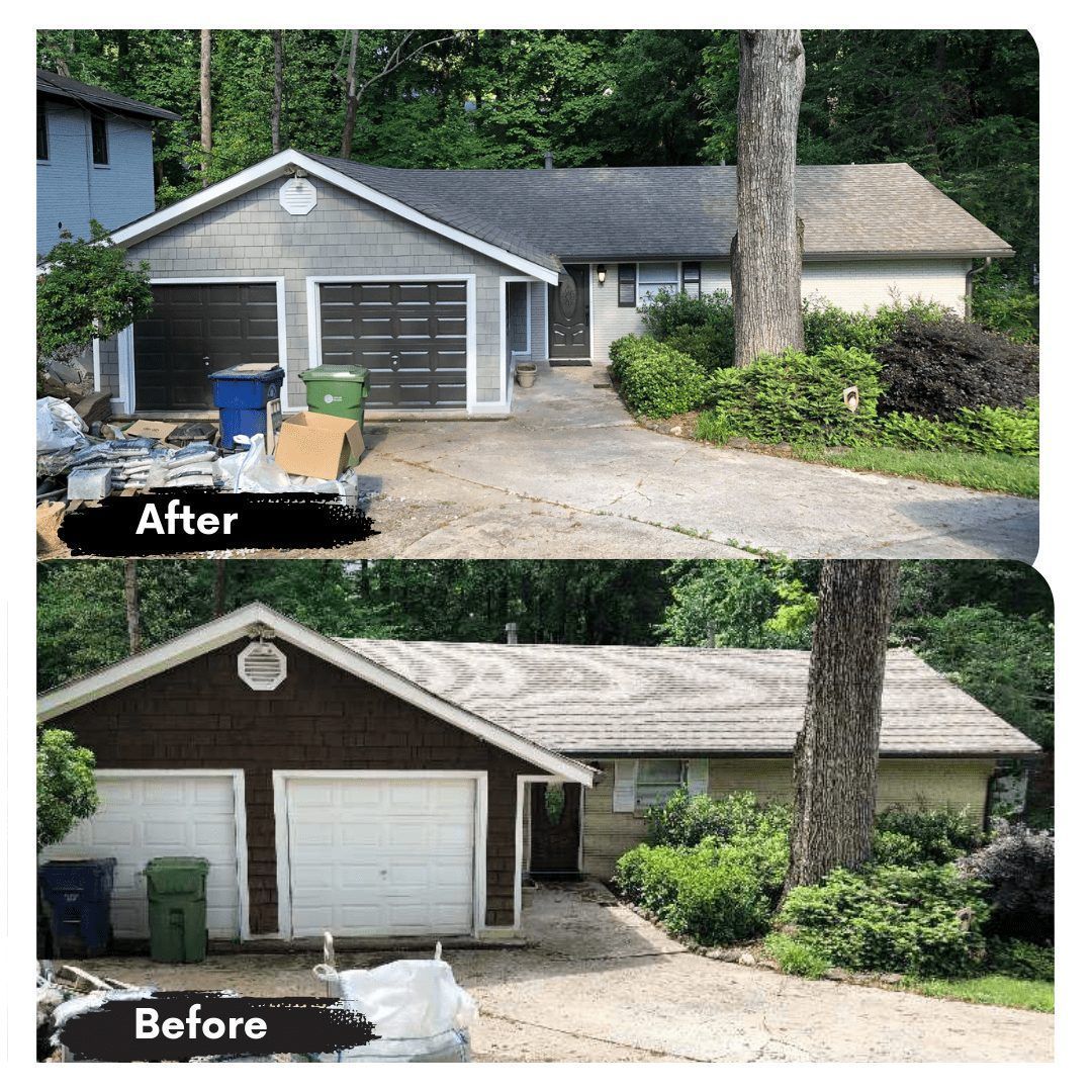 A before and after picture of a house with a garage.