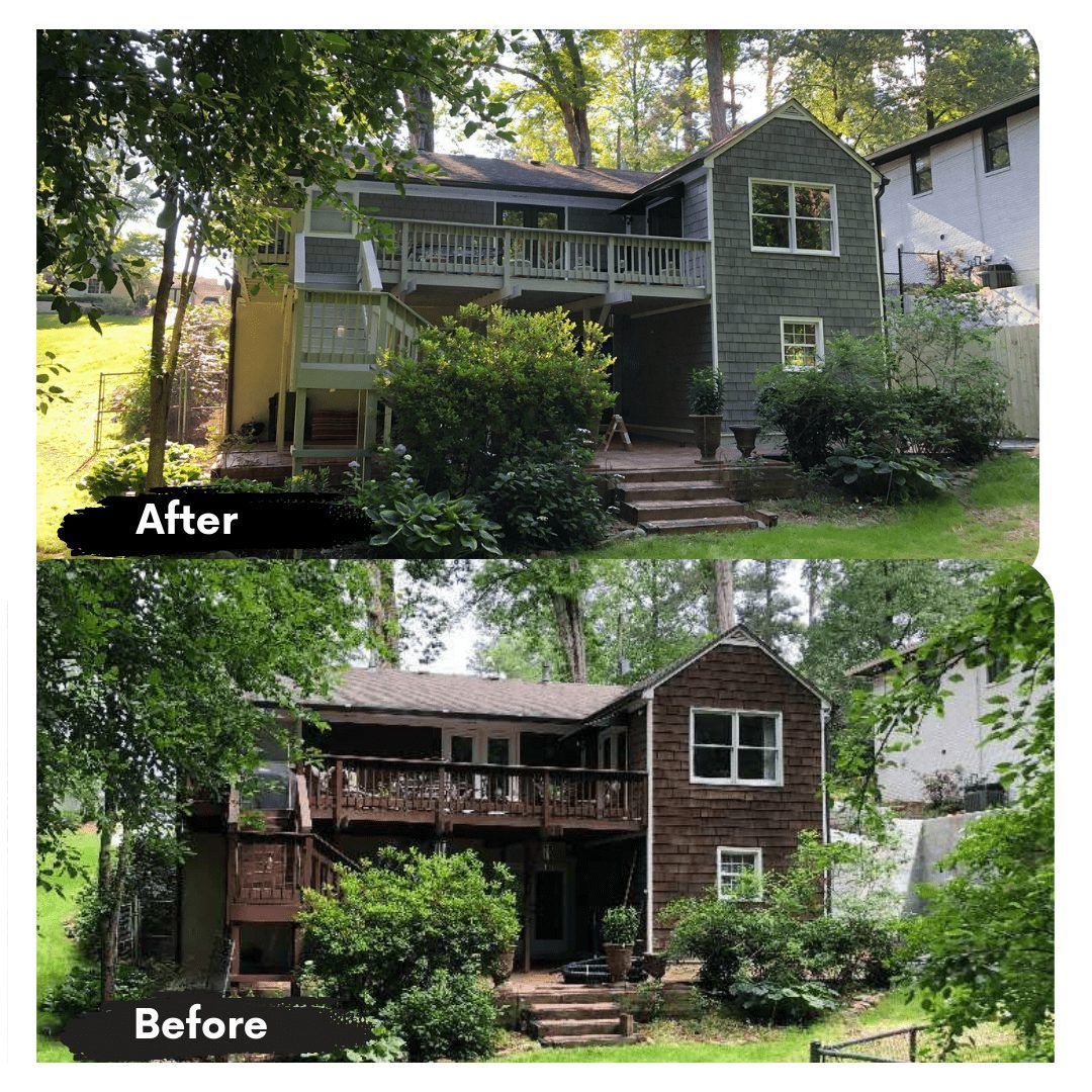 A before and after picture of a house that has been painted green.