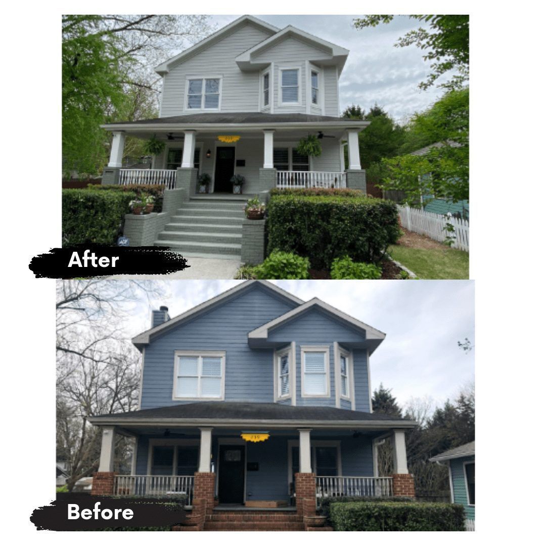 A before and after picture of a house that has been painted blue.