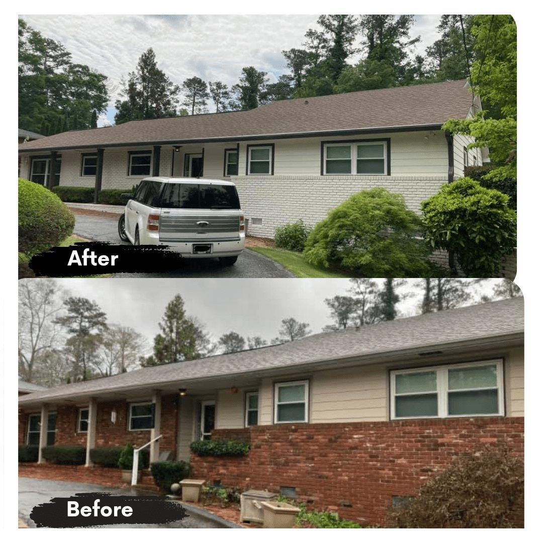 A before and after picture of a house with a van parked in front of it.