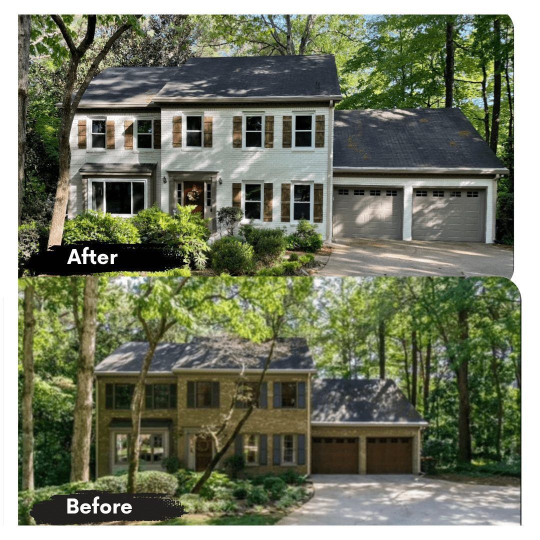 A before and after picture of a house surrounded by trees.