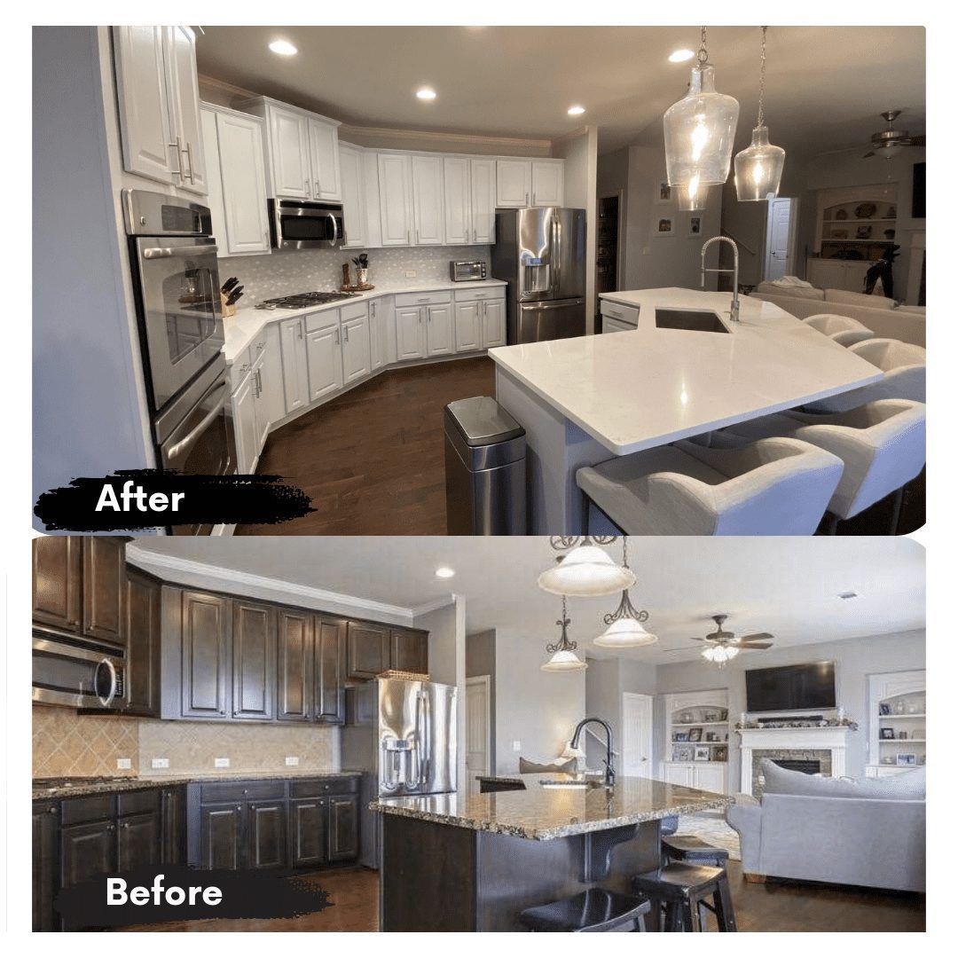 A before and after photo of a kitchen and living room.