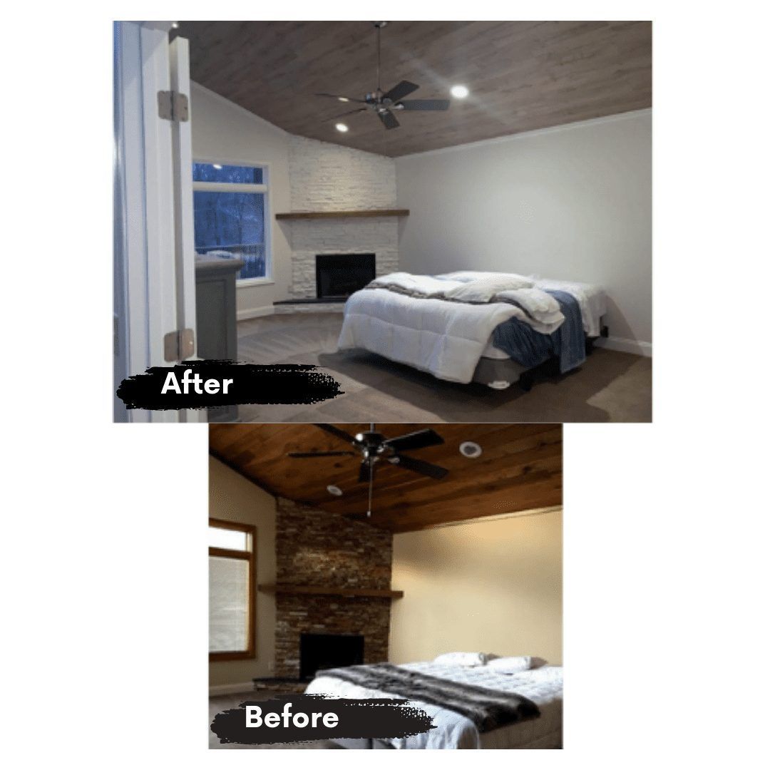 A before and after photo of a bedroom with a ceiling fan