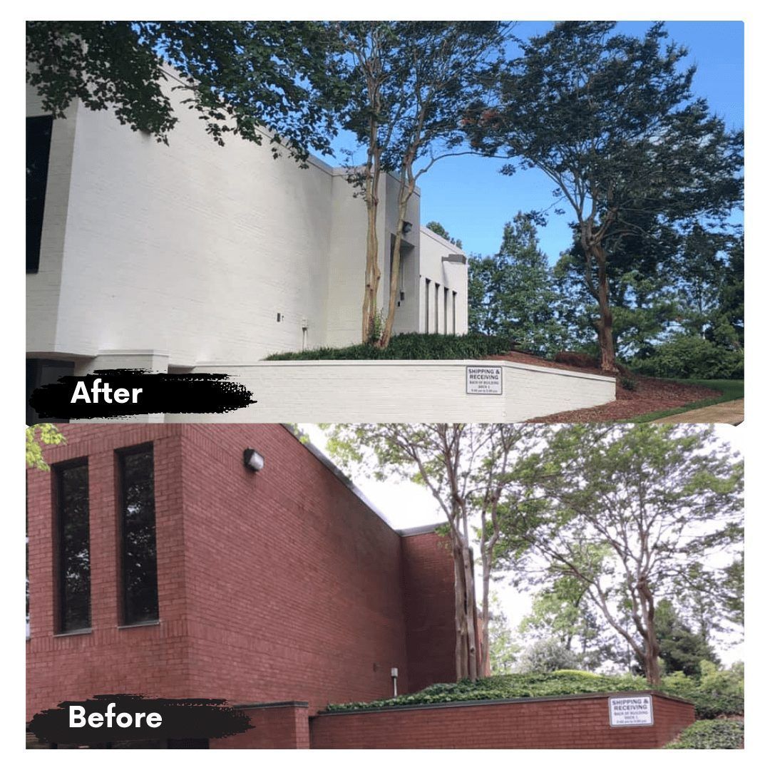 A before and after photo of a brick building