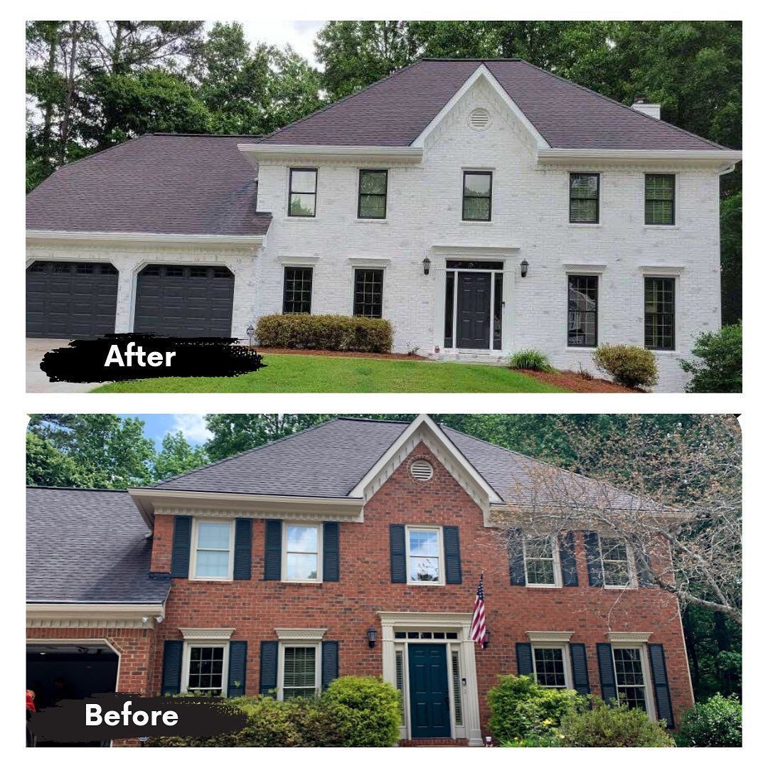 A before and after picture of a brick house