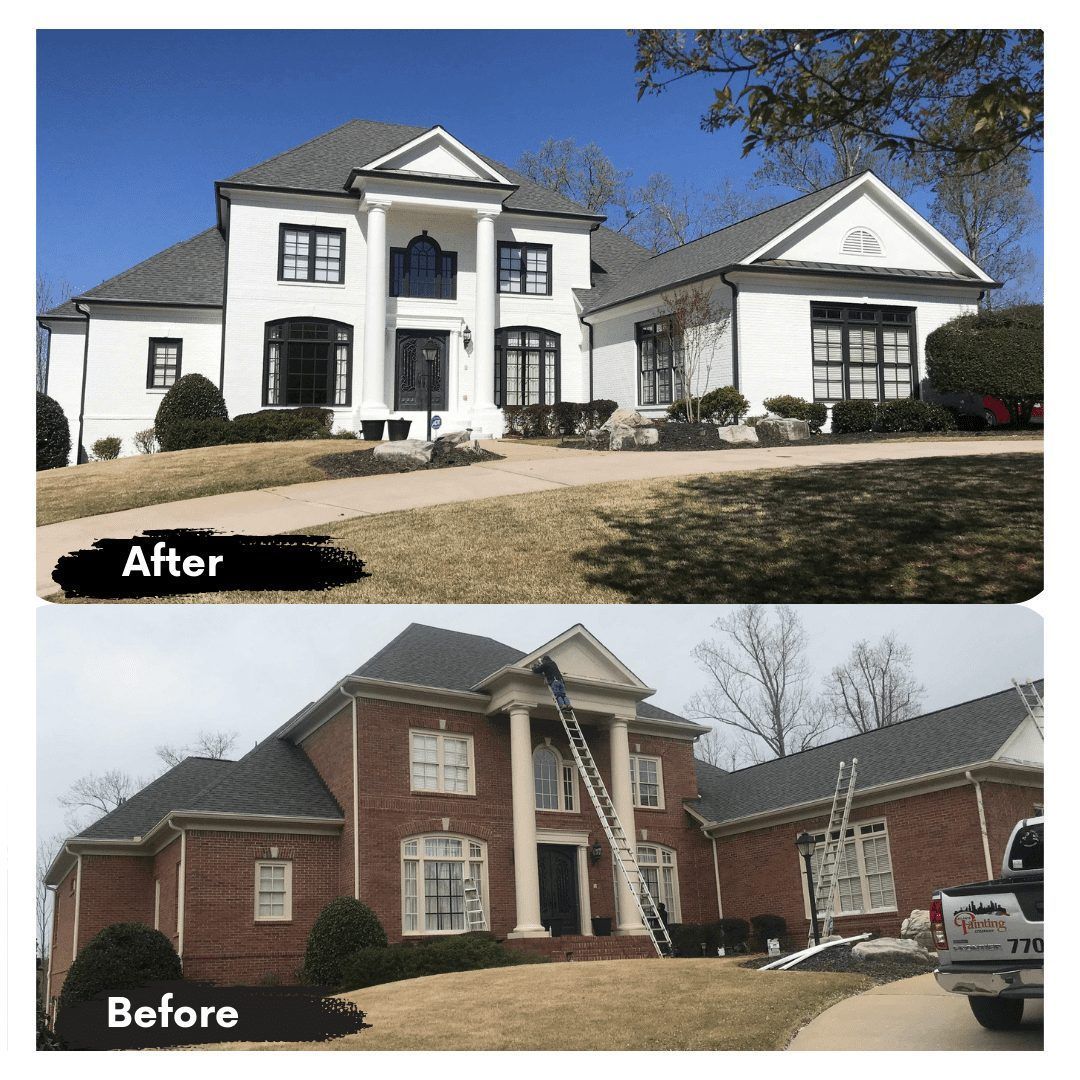 A before and after picture of a brick house