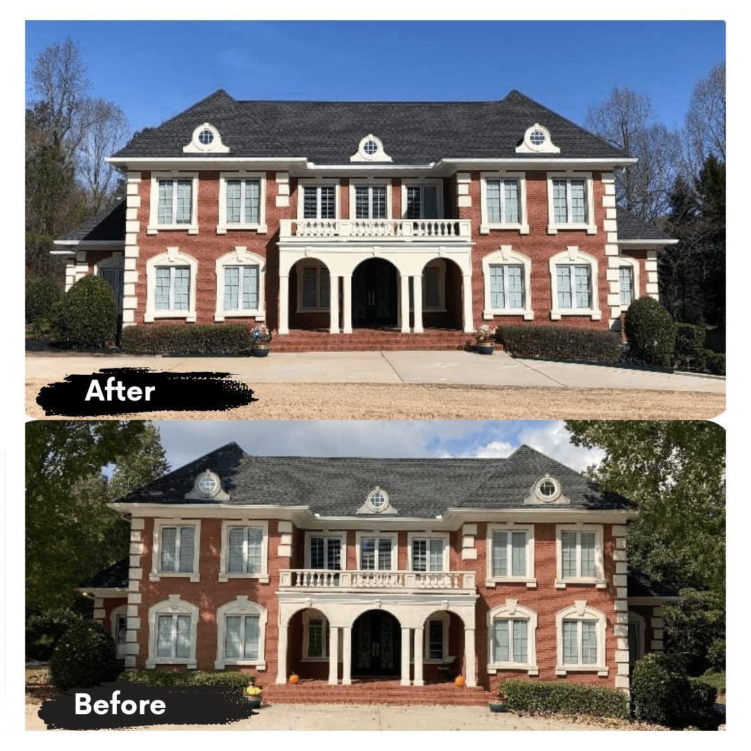 A before and after picture of a large brick house with a black roof.