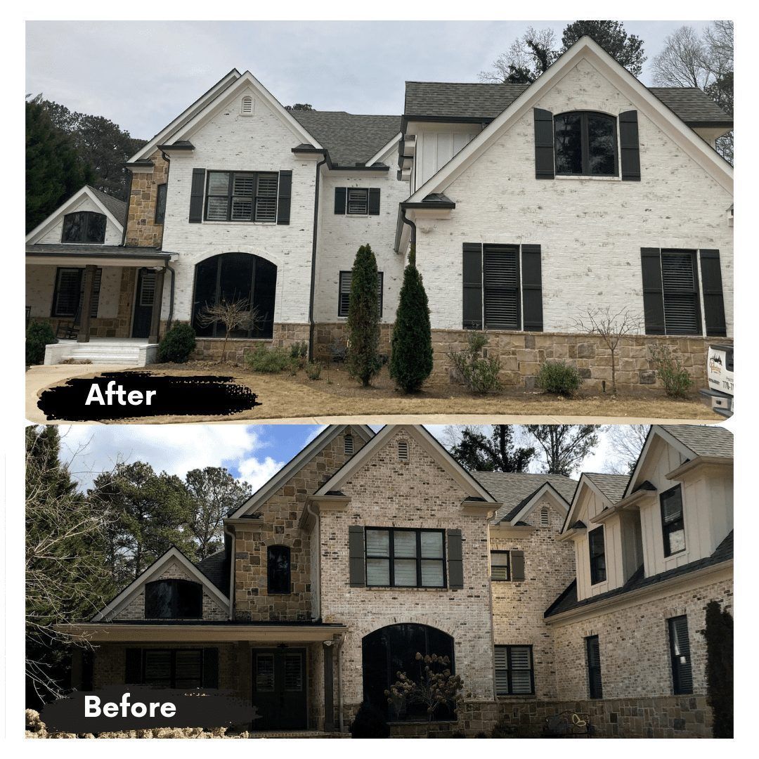 A before and after picture of a white brick house with black shutters.
